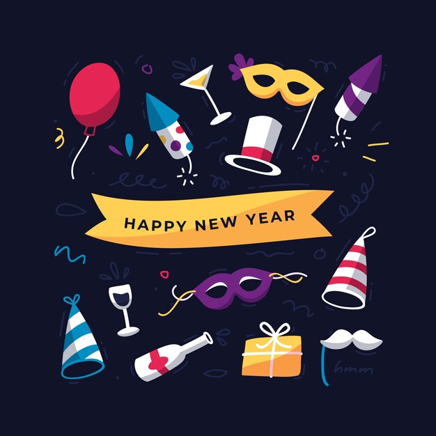 Colección de elementos de fiesta de año nuevo de diseño plano