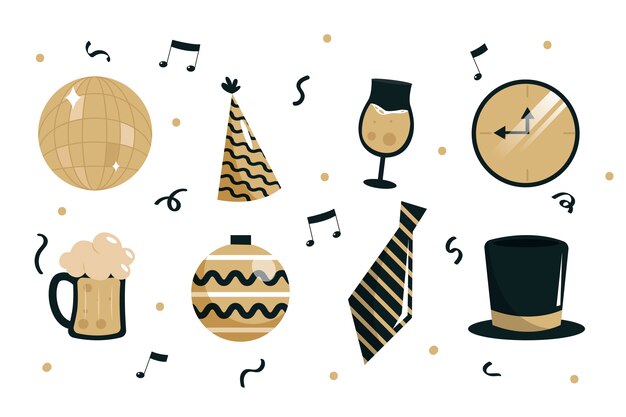Colección de elementos de fiesta de año nuevo de diseño plano
