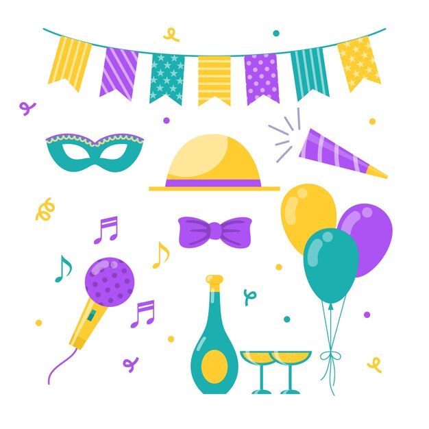 Colección de elementos de fiesta de año nuevo en diseño plano