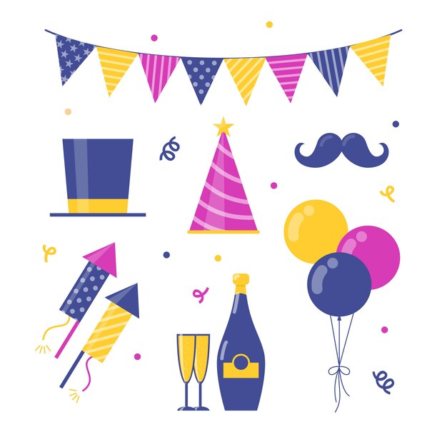 Colección de elementos de fiesta de año nuevo en diseño plano