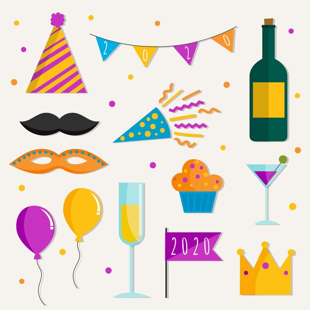 Colección de elementos de fiesta de año nuevo en diseño plano