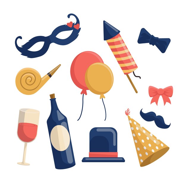 Colección de elementos de fiesta de año nuevo en diseño plano
