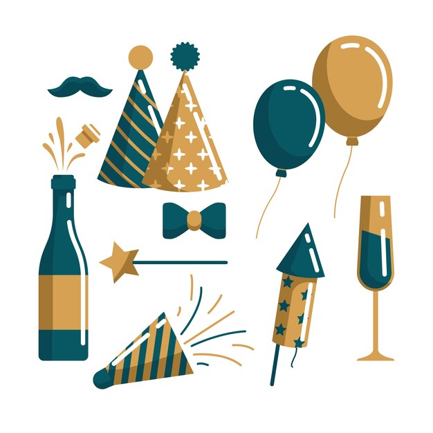 Colección de elementos de fiesta de año nuevo en diseño plano