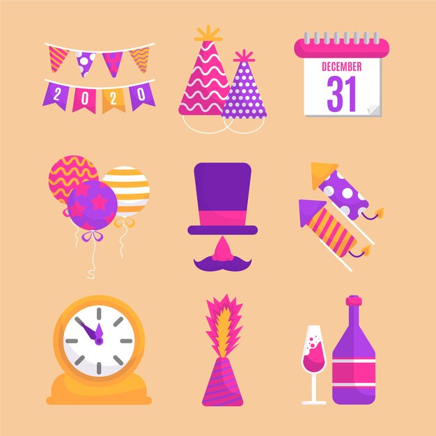Colección de elementos de fiesta de año nuevo de diseño plano