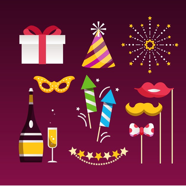 Colección de elementos de fiesta de año nuevo de diseño plano
