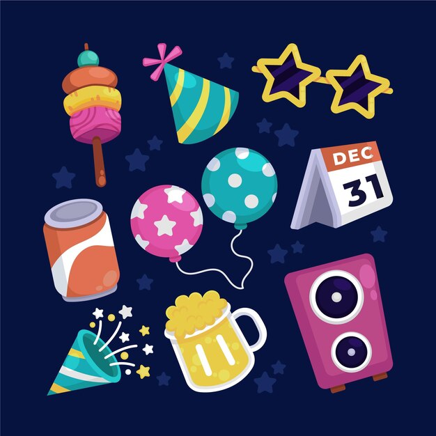 Colección de elementos de fiesta de año nuevo de diseño plano
