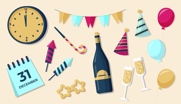 Colección de elementos de fiesta de año nuevo de diseño plano