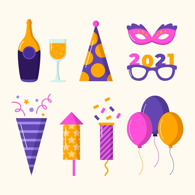 Colección de elementos de fiesta de año nuevo de diseño plano
