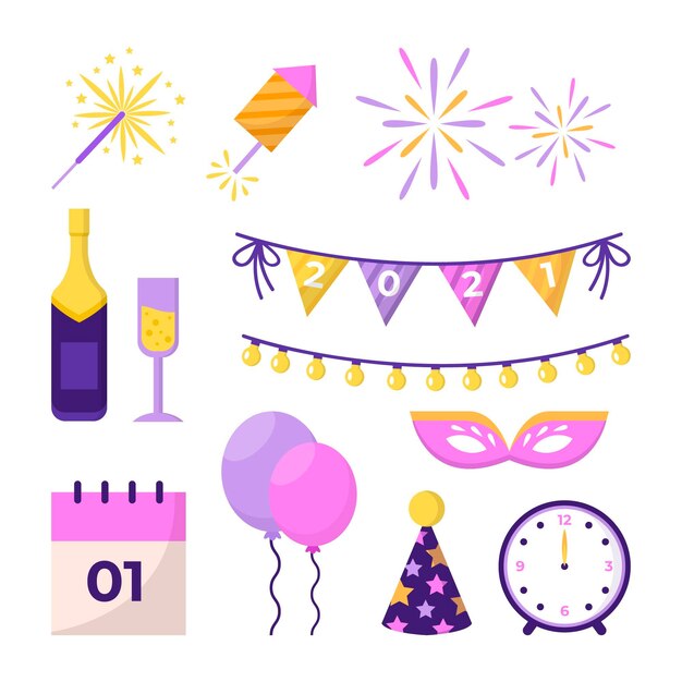 Colección de elementos de fiesta de año nuevo de diseño plano