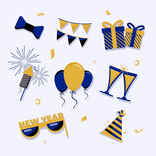 Colección de elementos de fiesta de año nuevo de diseño plano