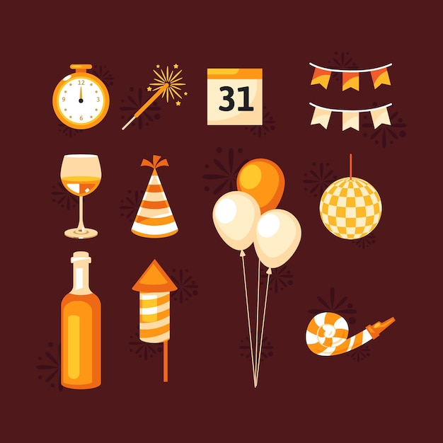 Colección de elementos de fiesta de año nuevo de diseño plano