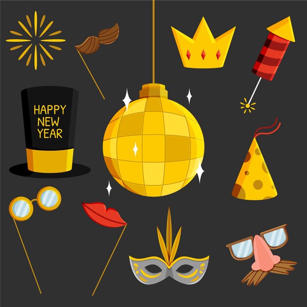 Colección de elementos de fiesta de año nuevo de diseño plano