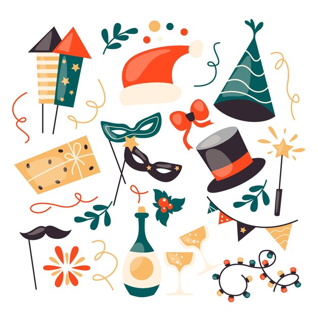 Colección de elementos de fiesta de año nuevo de diseño plano