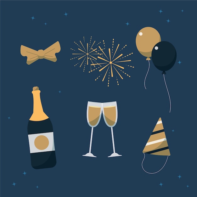 Colección de elementos de fiesta de año nuevo en diseño plano