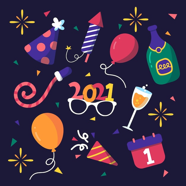 Colección de elementos de fiesta de año nuevo de diseño plano