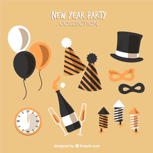 Colección de elementos de fiesta de año nuevo en marrón