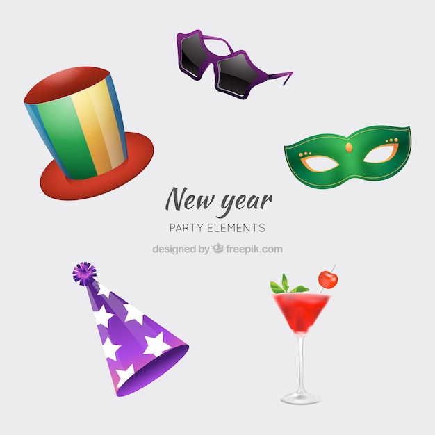 Colección de elementos de fiesta de año nuevo realista en distintos colores