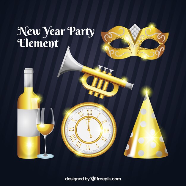 Colección de elementos de fiesta de año nuevo realista en dorado