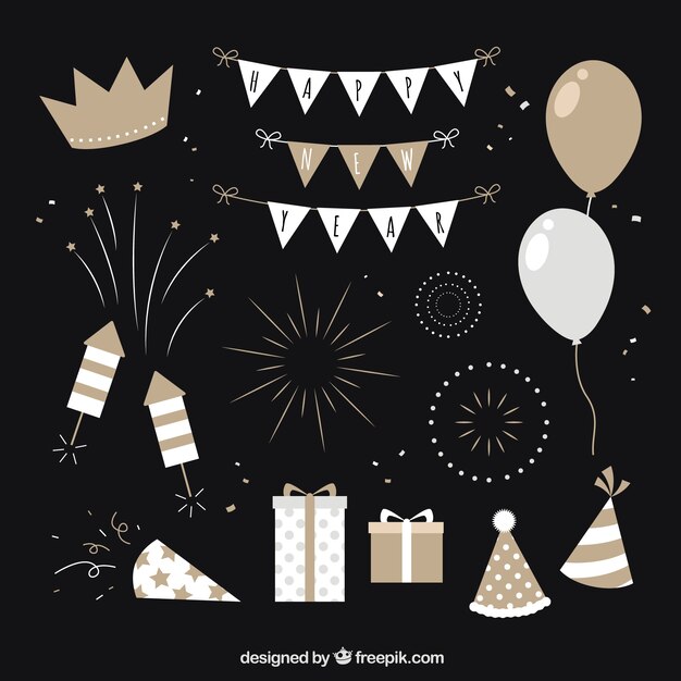 Colección de elementos de fiesta de año nuevo en tonos beige y gris