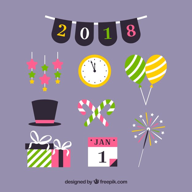 Colección de elementos de fiesta de año nuevo en verde y rosa