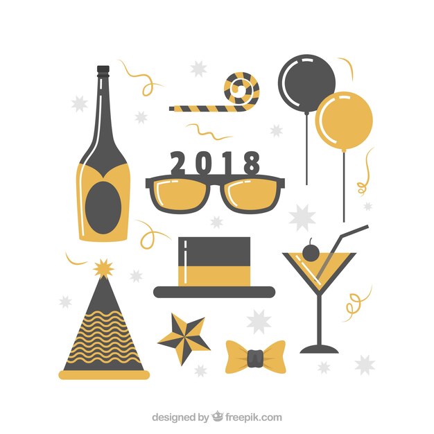 Colección de elementos de fiesta de año nuevo vintage dorados