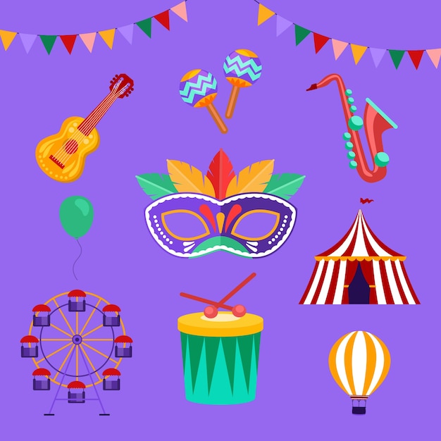 Colección de elementos de fiesta de carnaval planos