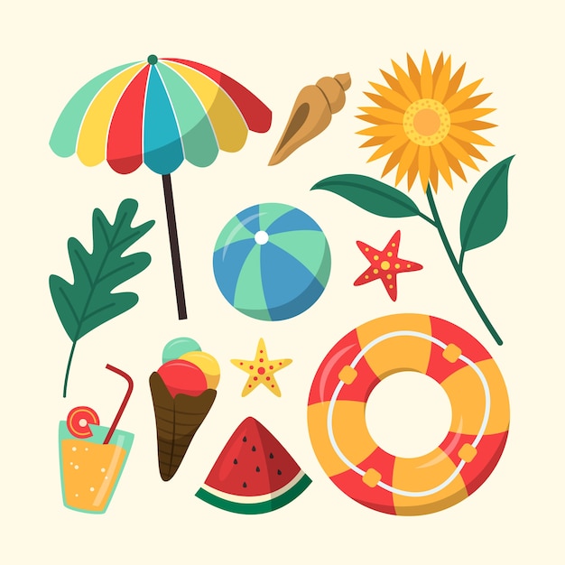 Vector gratuito colección de elementos de fiesta de verano planos dibujados a mano