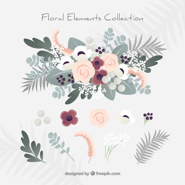 Vector gratuito colección de elementos florales adorables con diseño plano