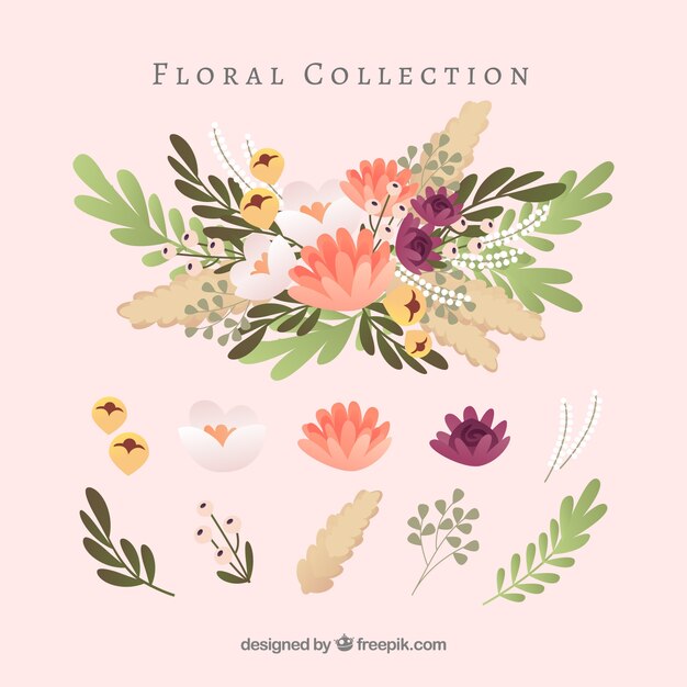 Colección de elementos florales adorables con diseño plano