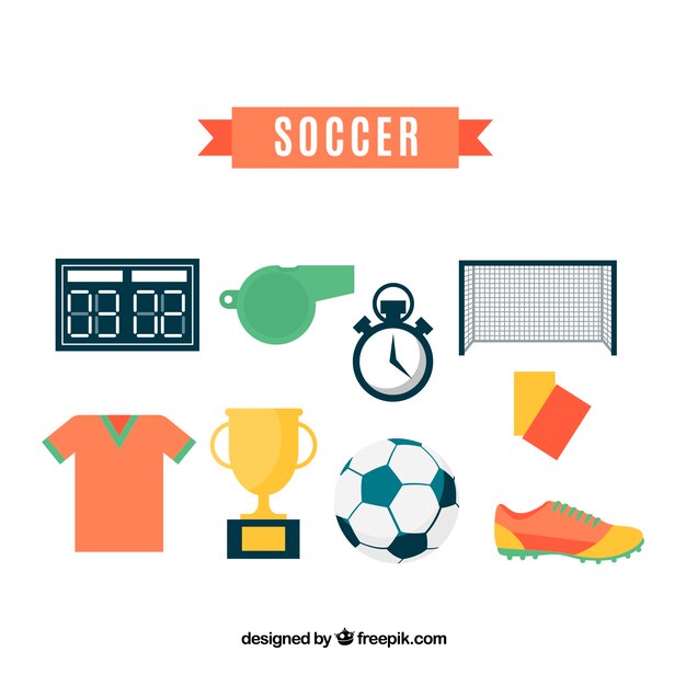Colección de elementos de fútbol con equipamiento en estilo plano