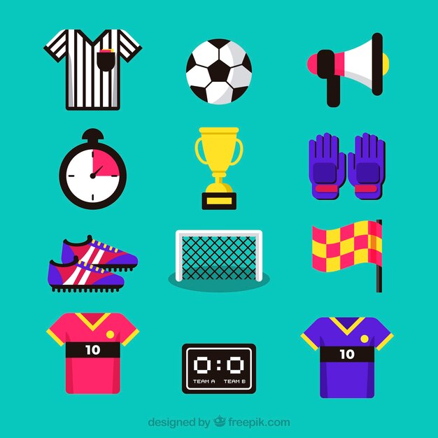 Colección de elementos de fútbol con equipamiento en estilo plano