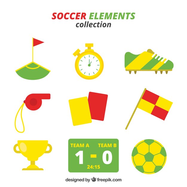 Colección de elementos de fútbol con equipamiento en estilo plano