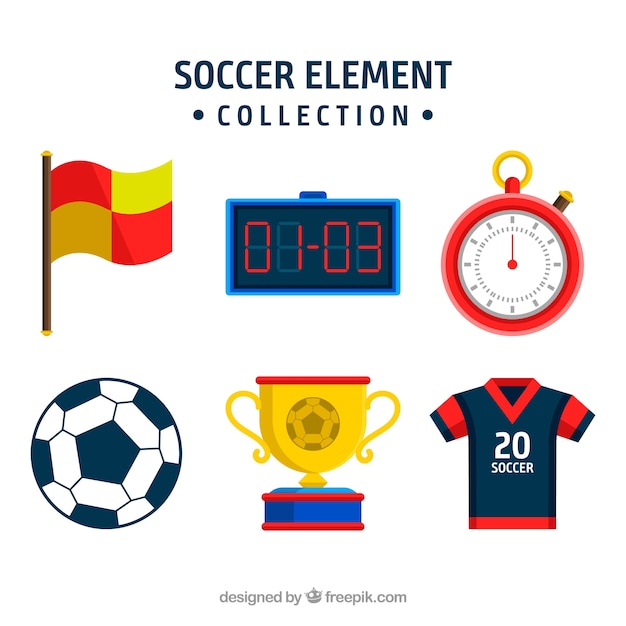 Colección de elementos de fútbol con equipamiento en estilo plano