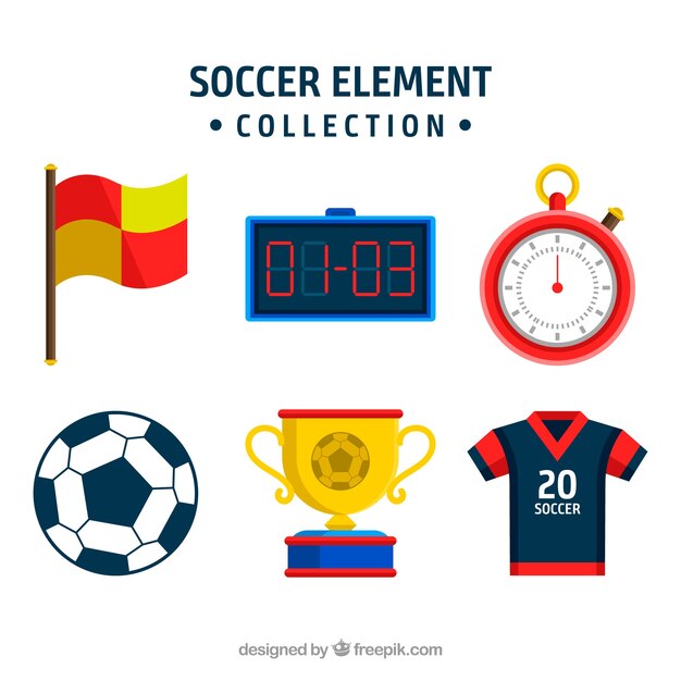 Colección de elementos de fútbol con equipamiento en estilo plano