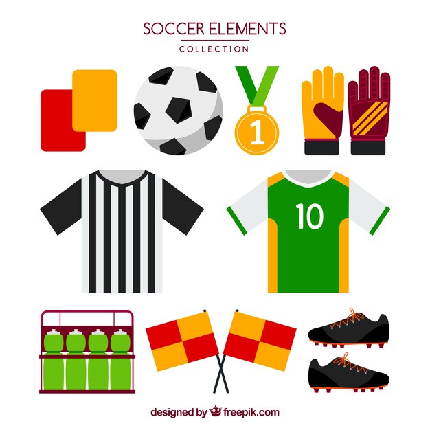 Colección de elementos de fútbol con equipamiento en estilo plano