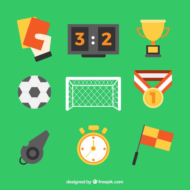 Colección de elementos de fútbol con equipamiento en estilo plano