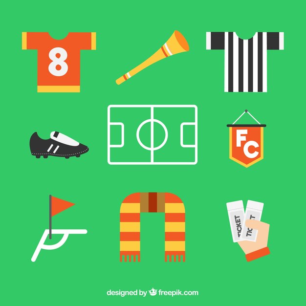Colección de elementos de fútbol con equipamiento en estilo plano