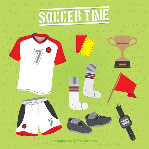 Colección de elementos de fútbol con equipamiento en estilo plano