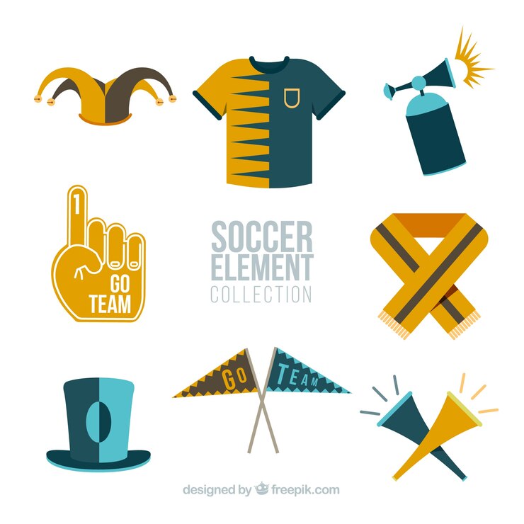 Vector gratuito colección de elementos de fútbol con equipamiento en estilo plano