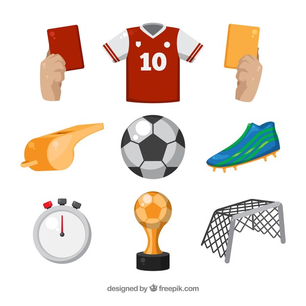 Colección de elementos de fútbol con equipamiento 