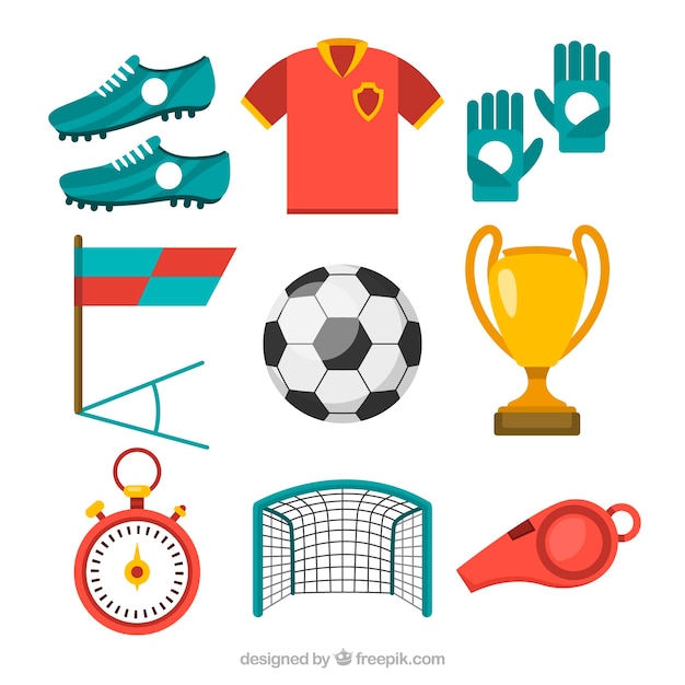 Colección de elementos de fútbol con equipamiento 