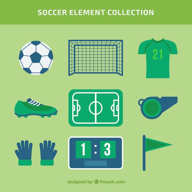 Colección de elementos de fútbol con equipamiento 