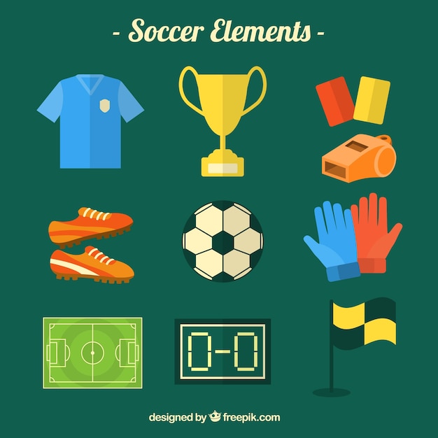 Colección de elementos de fútbol con equipamiento 