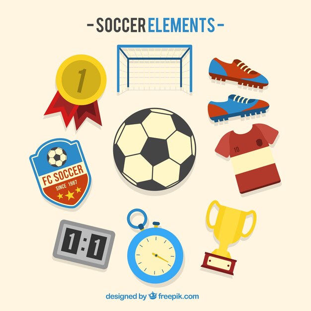 Colección de elementos de fútbol con equipamiento 