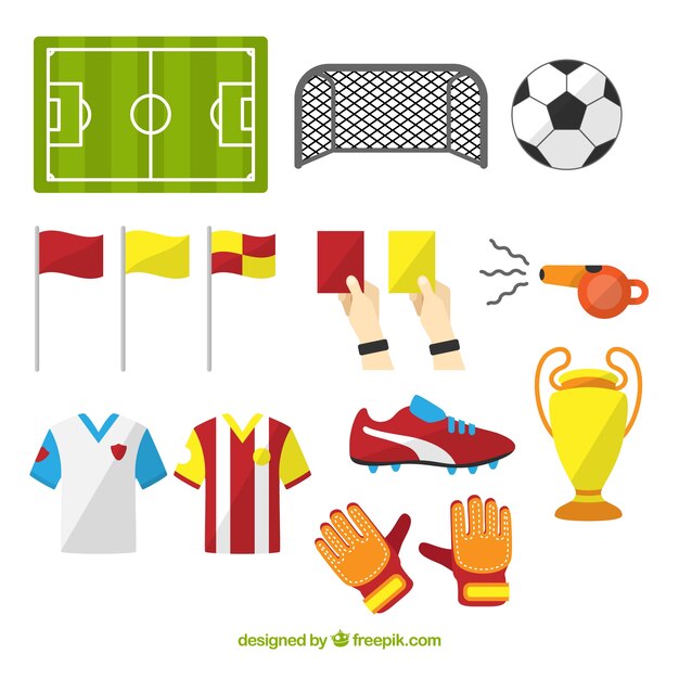 Colección de elementos de fútbol con equipamiento 