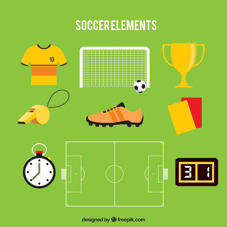 Vector gratuito colección de elementos de fútbol con equipamiento