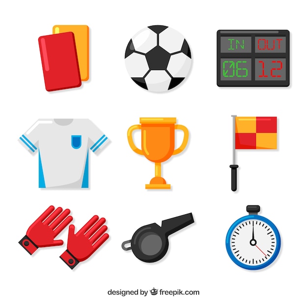 Colección de elementos de fútbol con equipamiento 