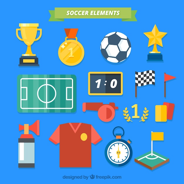 Colección de elementos de fútbol con equipamiento 
