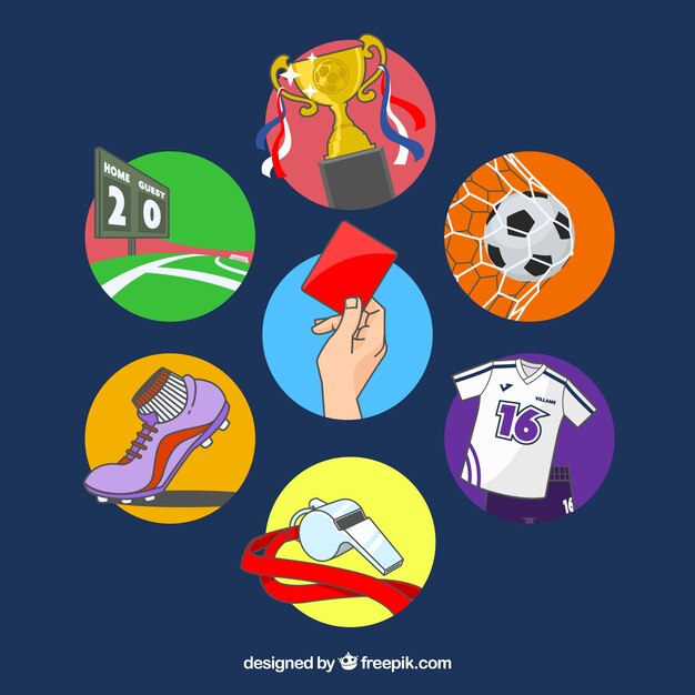 Colección de elementos de fútbol con equipamiento