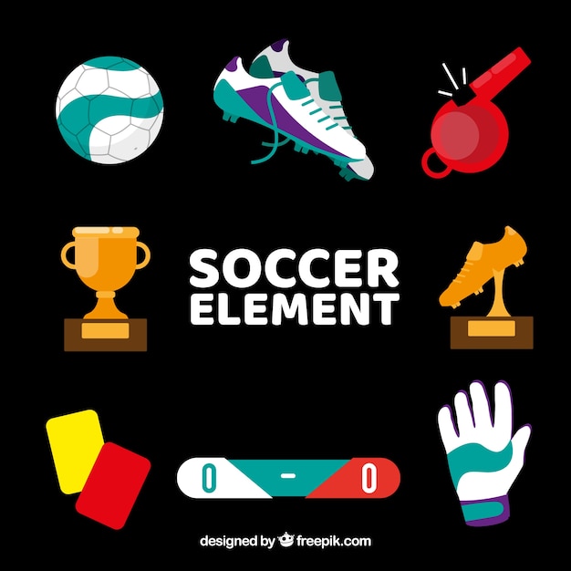 Colección de elementos de fútbol con equipamiento